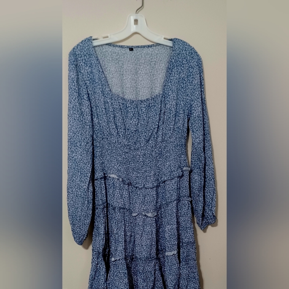 Elegant Blue Floral Dress 100% Cotton With Multilevel Ruffle Skirts.